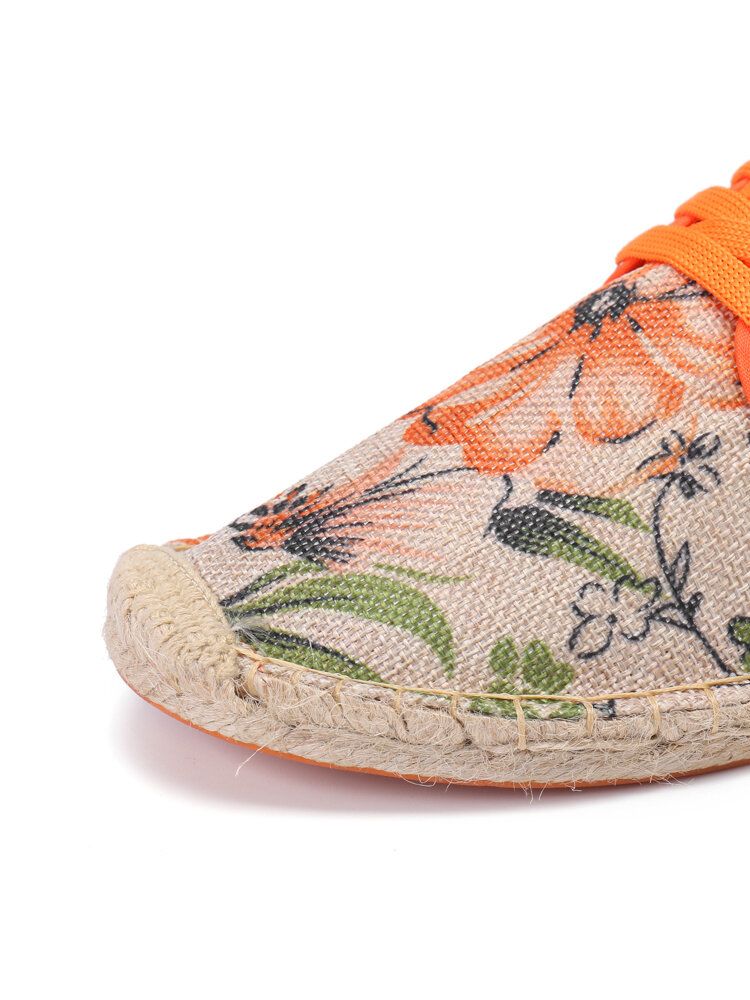 Blumenbedruckter Leinenstoff Bequeme Atmungsaktive Tragbare Schnür-espadrille-schuhe