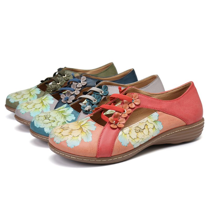 Blumenmuster Elastisches Band Runde Zehenpartie Retro-casual-flats