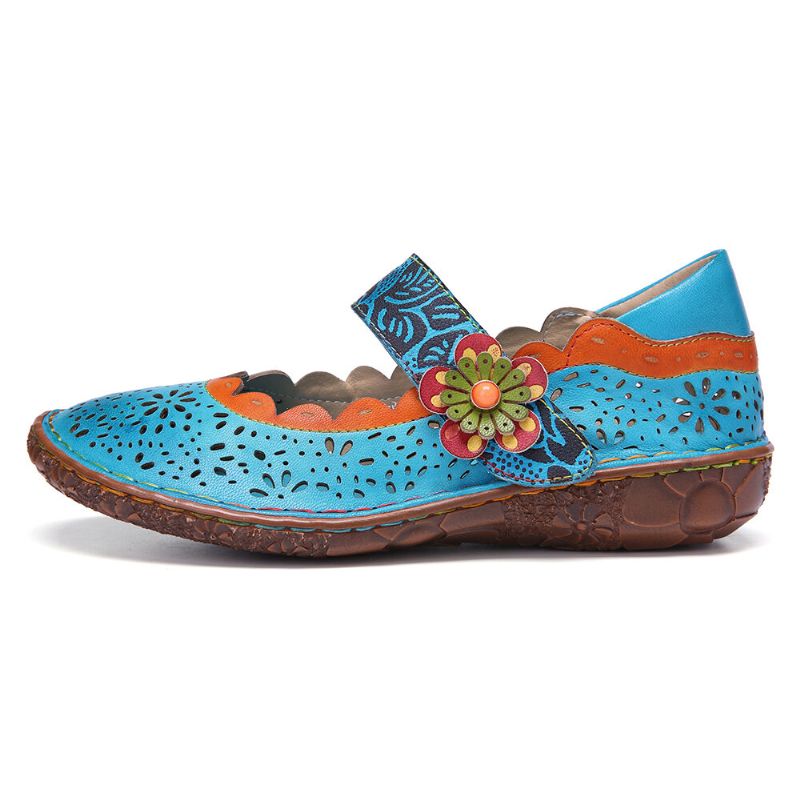 Böhmisches Leder Blumenausschnitte Spleißen Weiche Sohle Blume Klettverschluss Flache Schuhe