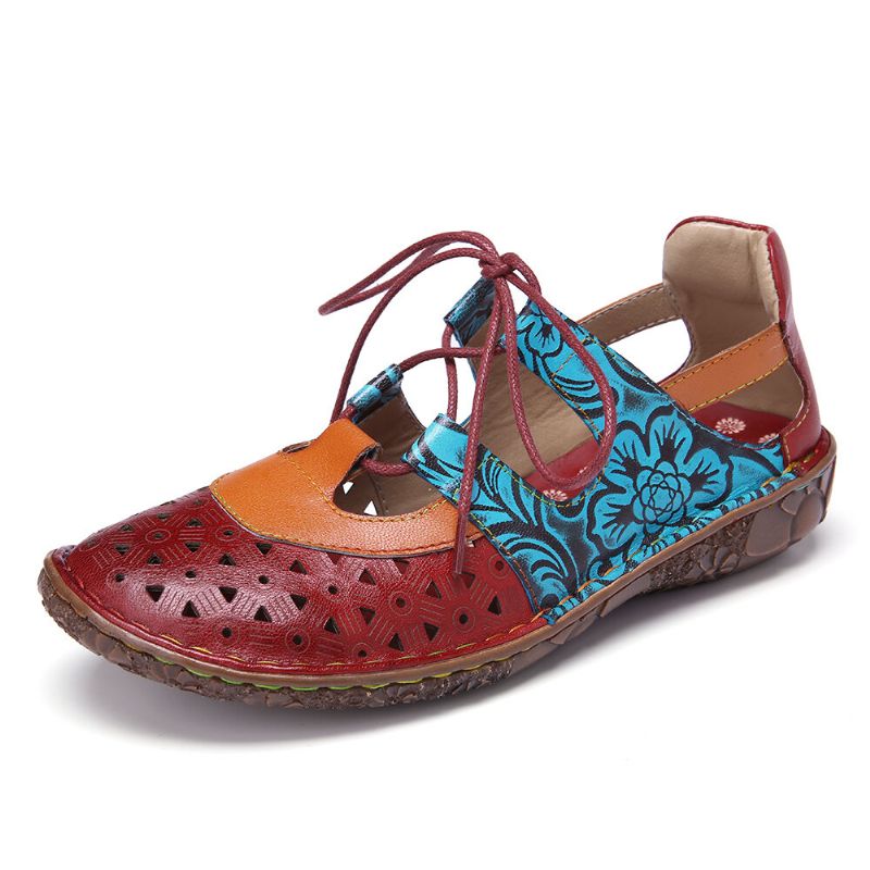 Bohemian Colorblock Soft Leather Cutouts Floral Lace-up Flache Schuhe