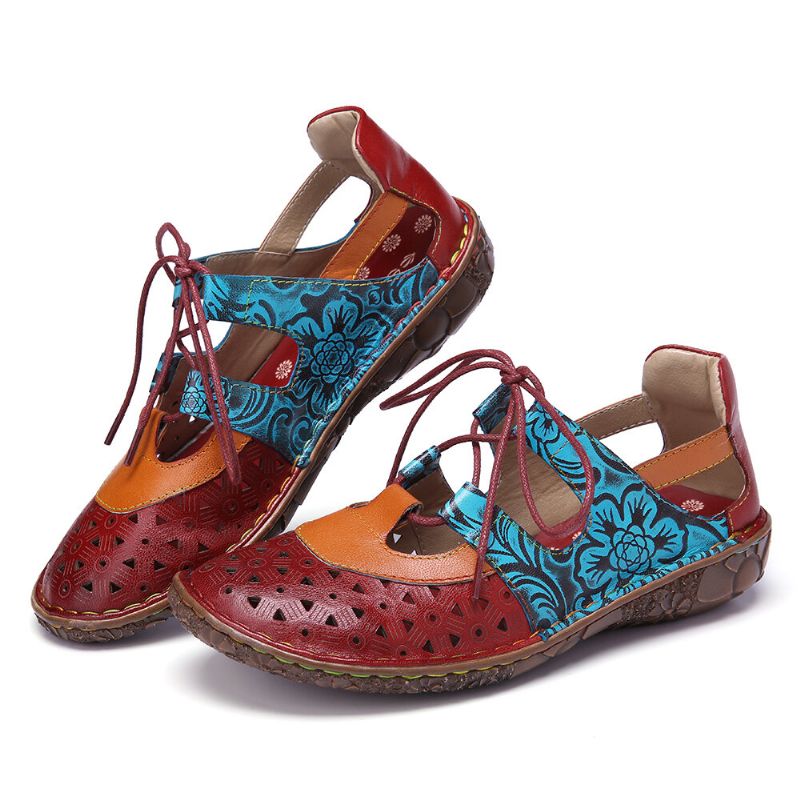 Bohemian Colorblock Soft Leather Cutouts Floral Lace-up Flache Schuhe