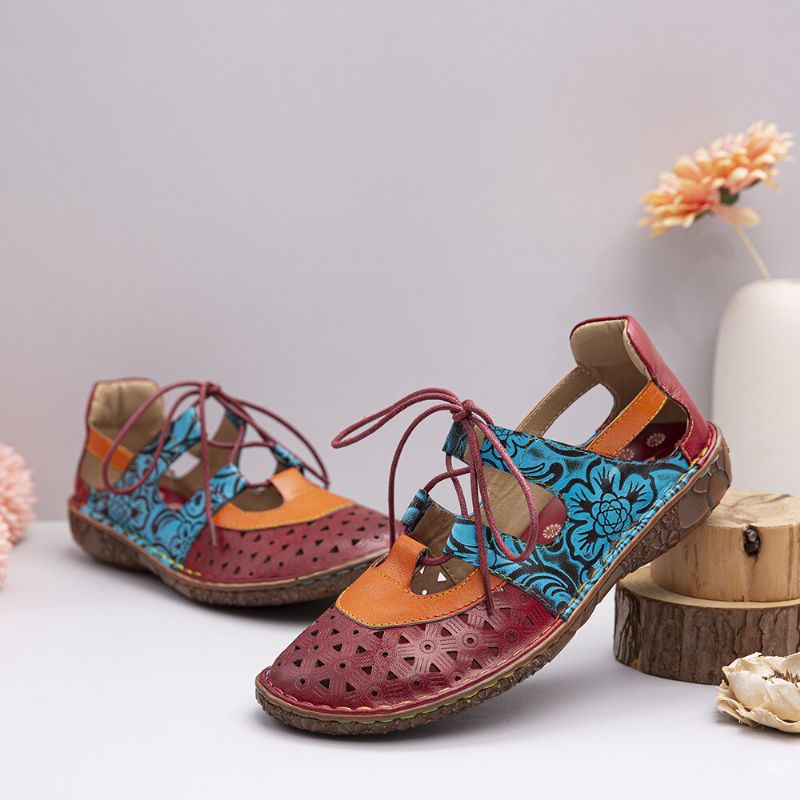 Bohemian Colorblock Soft Leather Cutouts Floral Lace-up Flache Schuhe