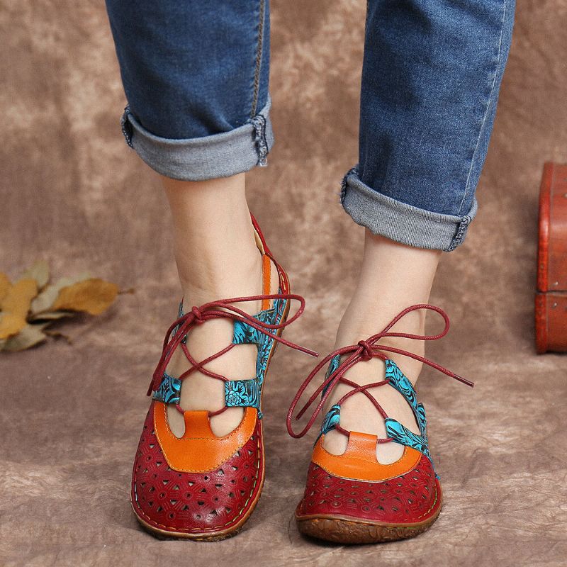 Bohemian Colorblock Soft Leather Cutouts Floral Lace-up Flache Schuhe