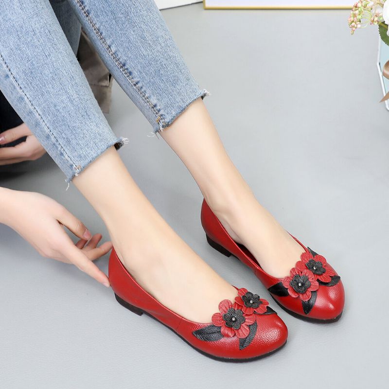 Damen Blumendekor Bequeme Sohle Weiche Lederloafer