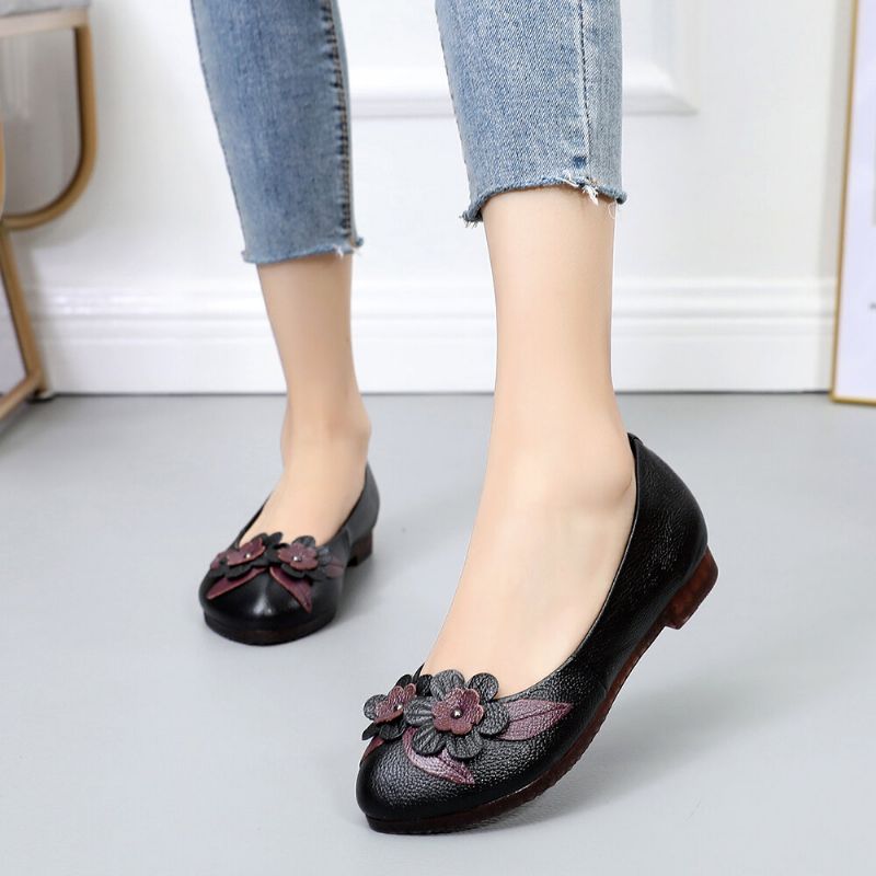 Damen Blumendekor Bequeme Sohle Weiche Lederloafer