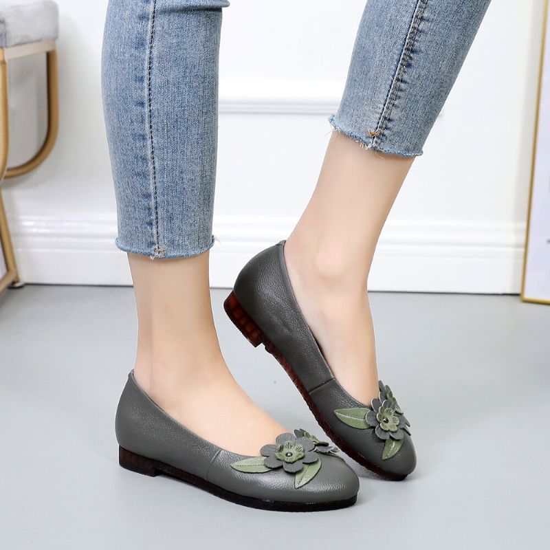 Damen Blumendekor Bequeme Sohle Weiche Lederloafer