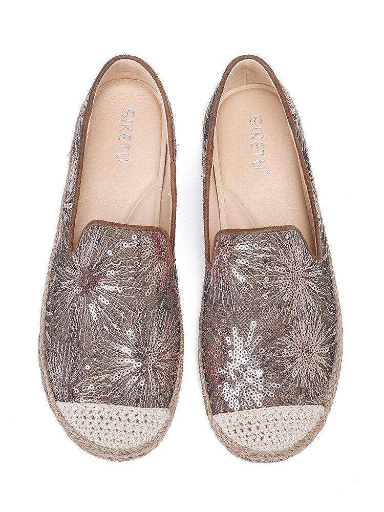 Damen Casual Pailletten Blumen Muster Espadrille Flats Müßiggänger