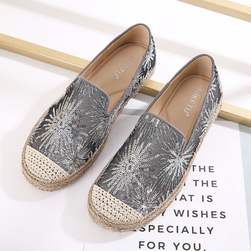 Damen Casual Pailletten Blumen Muster Espadrille Flats Müßiggänger