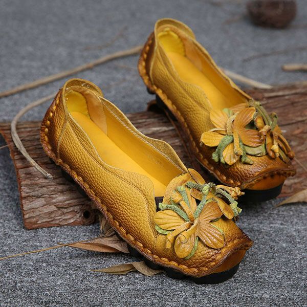 Damen Echtes Leder Handgemachte Dekoration Blumen Vintage Slip On Flats Loafer