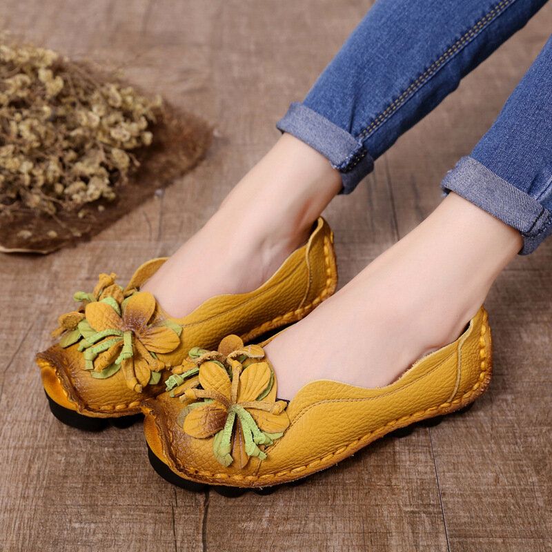 Damen Echtes Leder Handgemachte Dekoration Blumen Vintage Slip On Flats Loafer