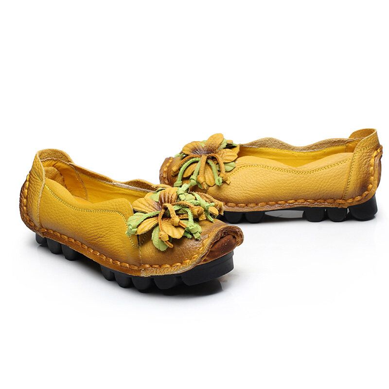 Damen Echtes Leder Handgemachte Dekoration Blumen Vintage Slip On Flats Loafer