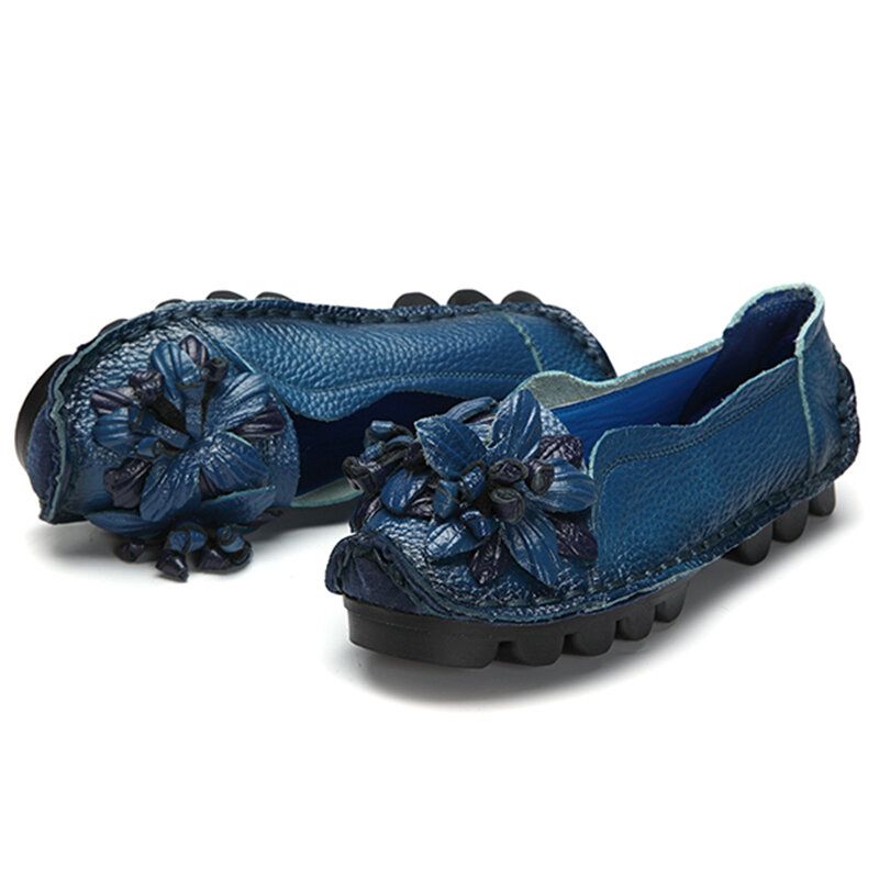 Damen Echtes Leder Handgemachte Dekoration Blumen Vintage Slip On Flats Loafer