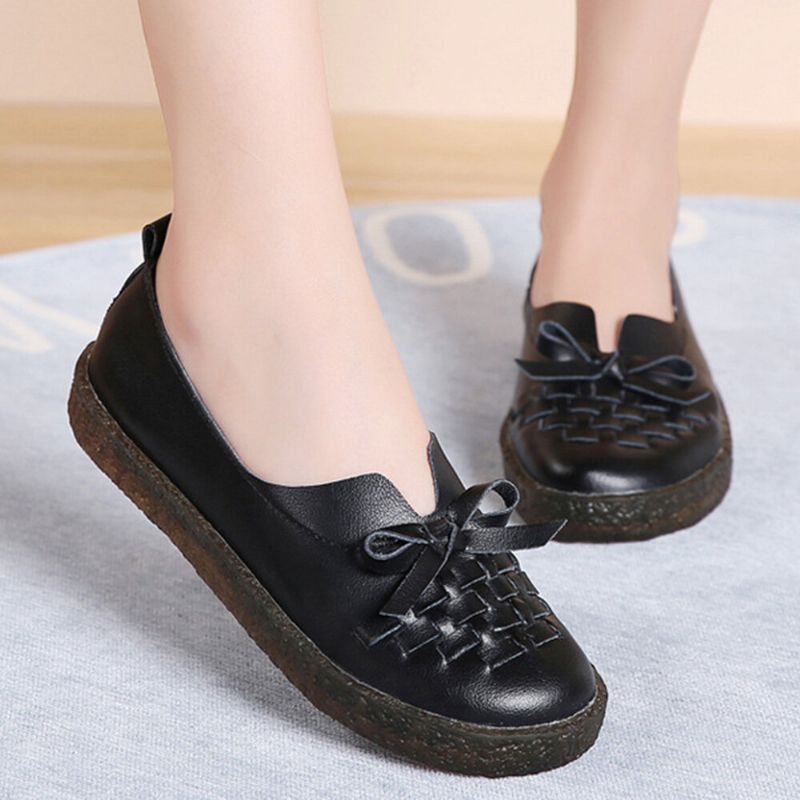 Damen-leder Zum Hineinschlüpfen Einfarbig Gewebt Bowknot Asakuchi Flats Loafer Schuhe