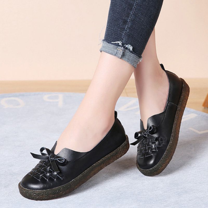 Damen-leder Zum Hineinschlüpfen Einfarbig Gewebt Bowknot Asakuchi Flats Loafer Schuhe