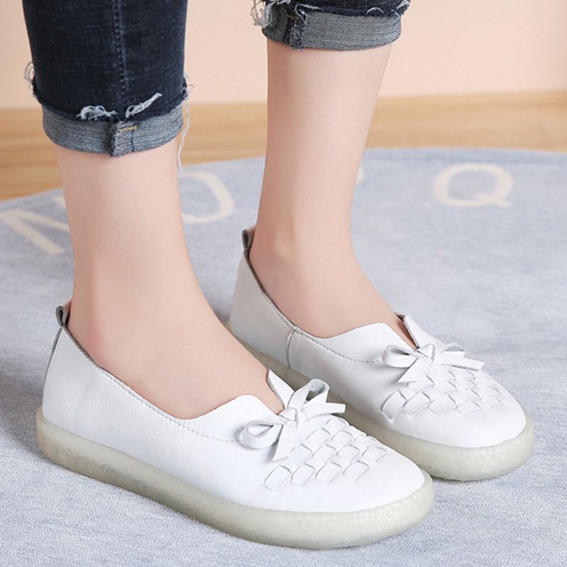 Damen-leder Zum Hineinschlüpfen Einfarbig Gewebt Bowknot Asakuchi Flats Loafer Schuhe