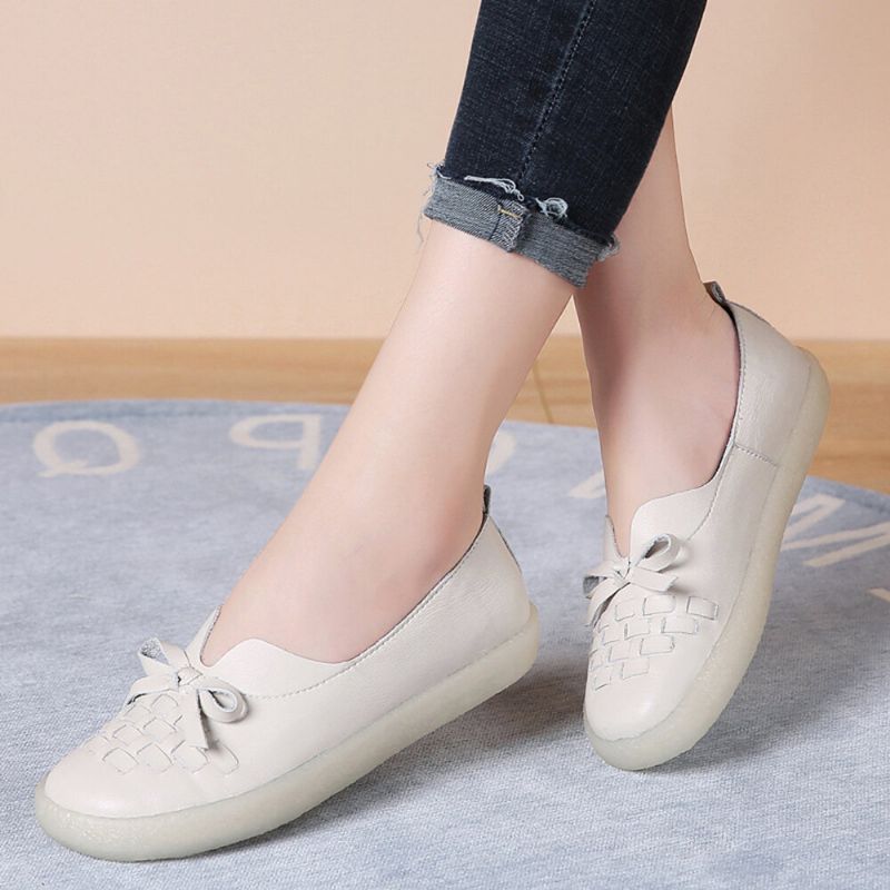 Damen-leder Zum Hineinschlüpfen Einfarbig Gewebt Bowknot Asakuchi Flats Loafer Schuhe