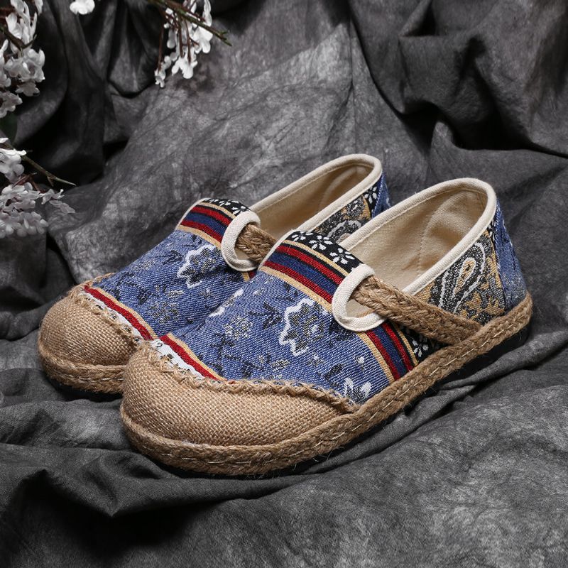 Damen-leinen Mit Old-peking-printing Stricting Slip On Loafers