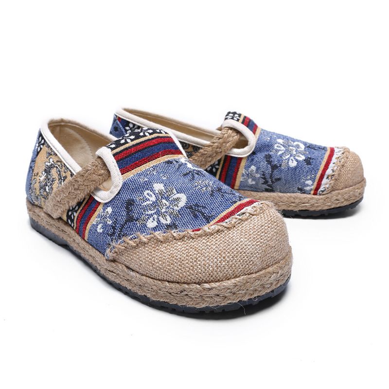 Damen-leinen Mit Old-peking-printing Stricting Slip On Loafers