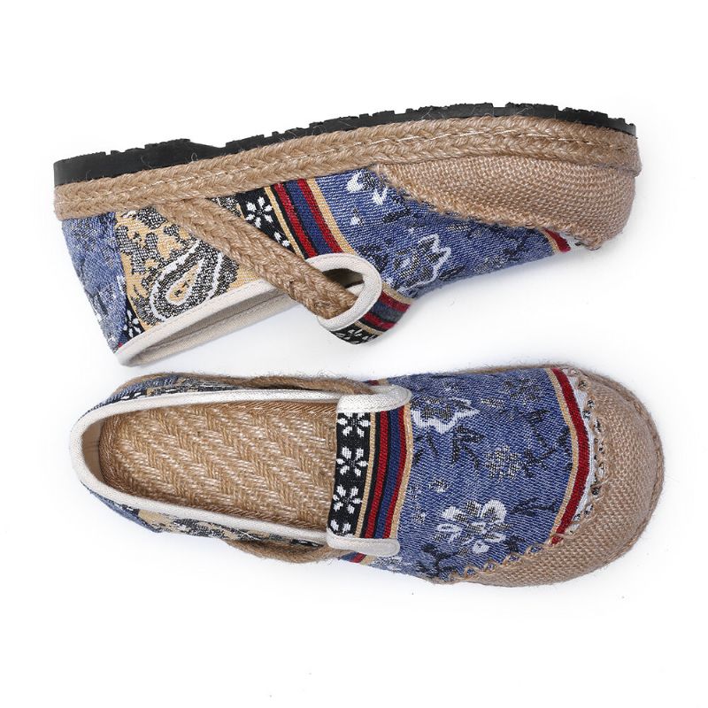 Damen-leinen Mit Old-peking-printing Stricting Slip On Loafers