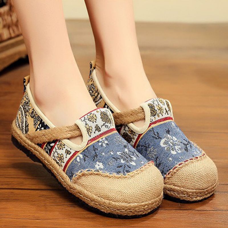 Damen-leinen Mit Old-peking-printing Stricting Slip On Loafers