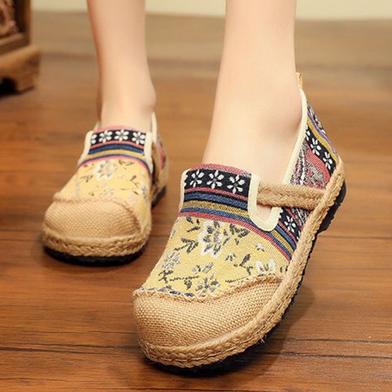 Damen-leinen Mit Old-peking-printing Stricting Slip On Loafers