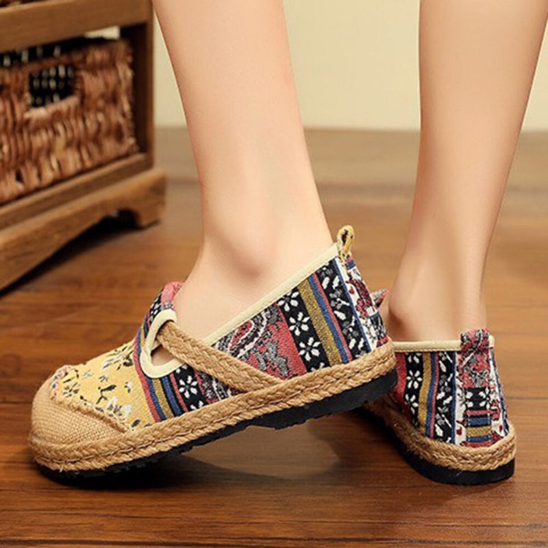 Damen-leinen Mit Old-peking-printing Stricting Slip On Loafers