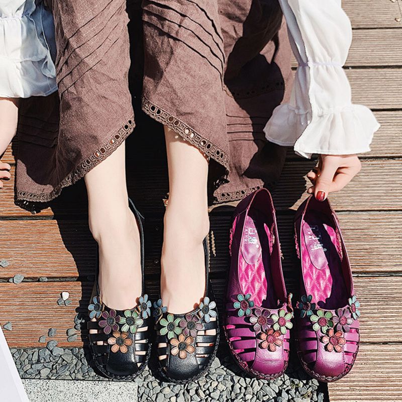 Damenschuhe In Übergröße Atmungsaktiv Weich Bequem Aus Echtem Leder Mit Blumen Verziert Von Hand Genäht Flache Schuhe