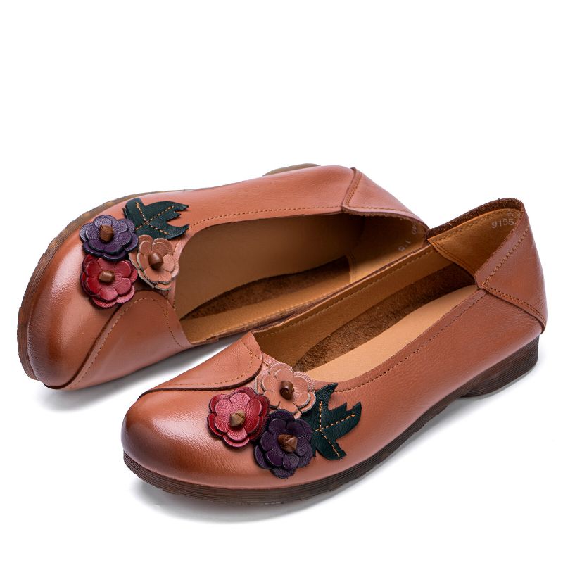 Echtes Leder Handgefertigt Atmungsaktiv Weich Bequem Blumendekor Lässig Ethnische Retro-flats