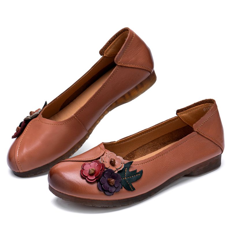 Echtes Leder Handgefertigt Atmungsaktiv Weich Bequem Blumendekor Lässig Ethnische Retro-flats