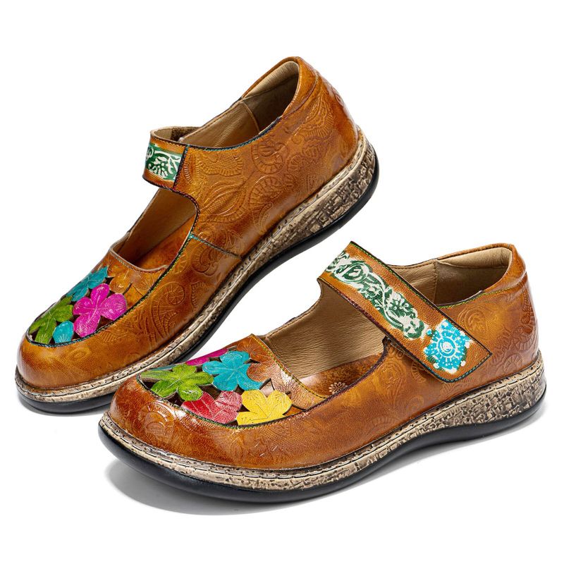 Echtes Leder Handgefertigt Retro Ethnisch Bunte Blumen Hohl Weich Bequem Mary Jane Flache Schuhe