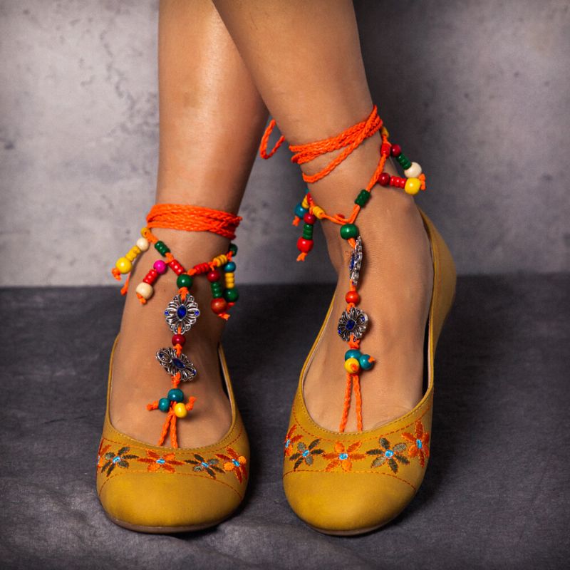 Exotic Style Bestickte Perlenkette Gelb Lässige Bohemian Flats