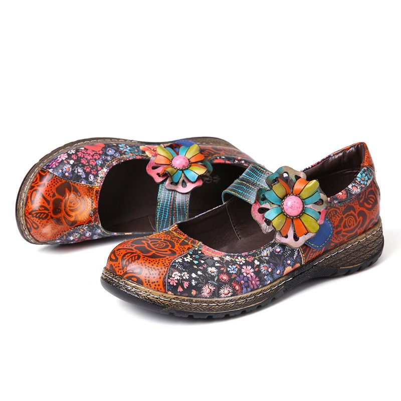 Flache Schuhe Aus Echtem Leder Mit Retro-prägung Und Blumenspleißung