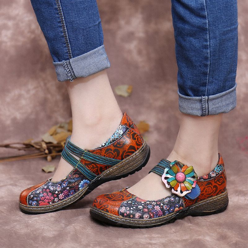 Flache Schuhe Aus Echtem Leder Mit Retro-prägung Und Blumenspleißung