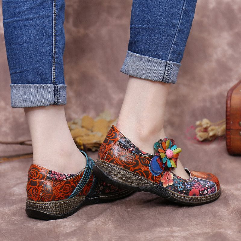 Flache Schuhe Aus Echtem Leder Mit Retro-prägung Und Blumenspleißung