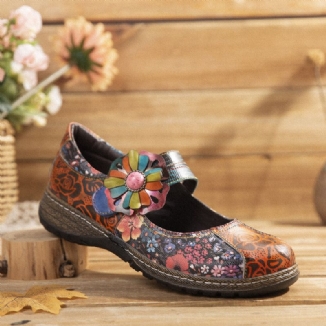 Flache Schuhe Aus Echtem Leder Mit Retro-prägung Und Blumenspleißung