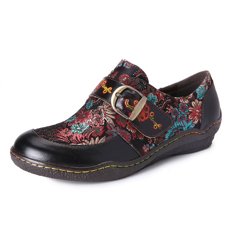 Flache Schuhe Zum Hineinschlüpfen Aus Leder Mit Retro-blumenstickerei Und Pflaumenblüten-schnalle