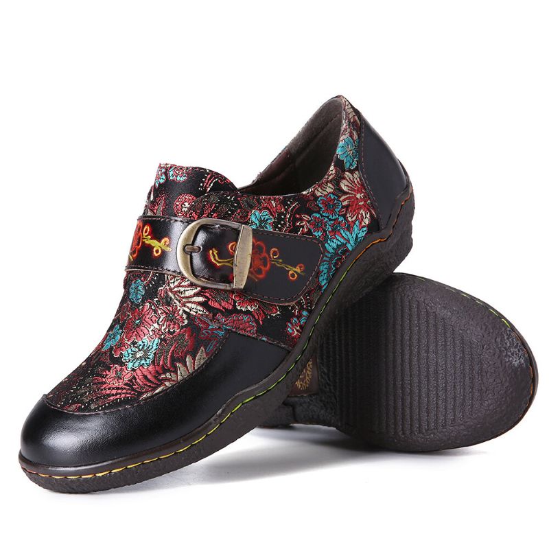 Flache Schuhe Zum Hineinschlüpfen Aus Leder Mit Retro-blumenstickerei Und Pflaumenblüten-schnalle