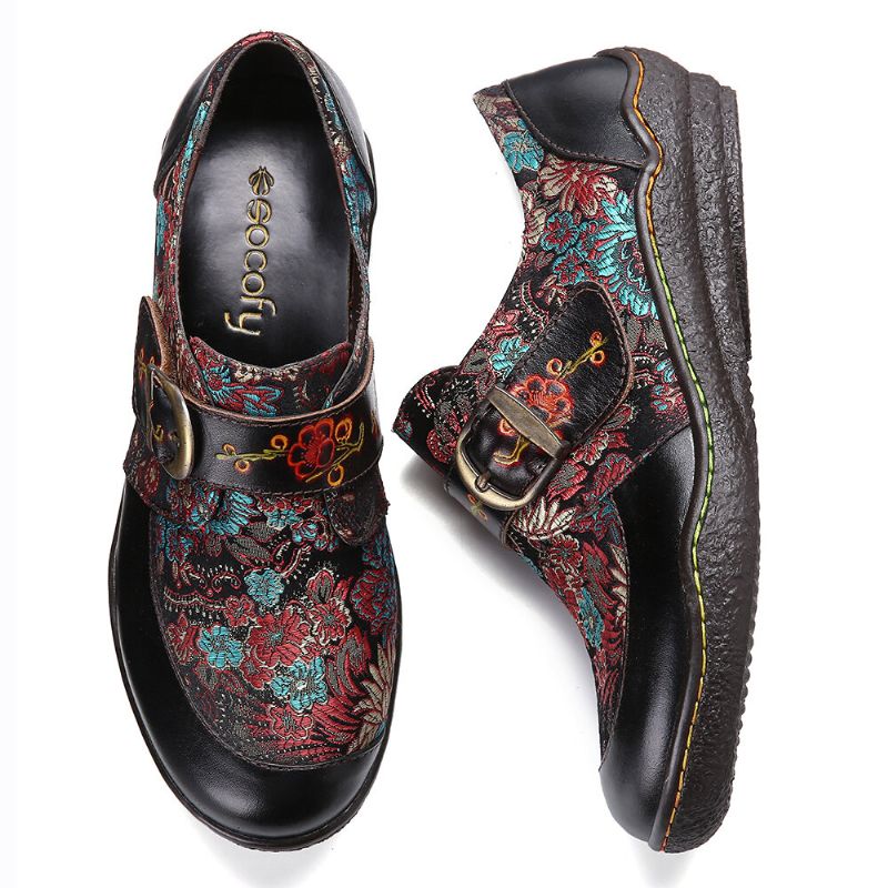 Flache Schuhe Zum Hineinschlüpfen Aus Leder Mit Retro-blumenstickerei Und Pflaumenblüten-schnalle