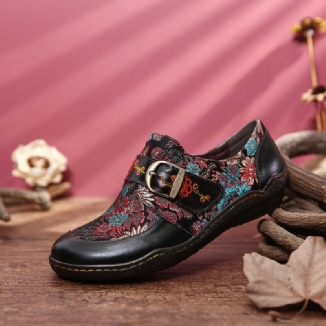 Flache Schuhe Zum Hineinschlüpfen Aus Leder Mit Retro-blumenstickerei Und Pflaumenblüten-schnalle