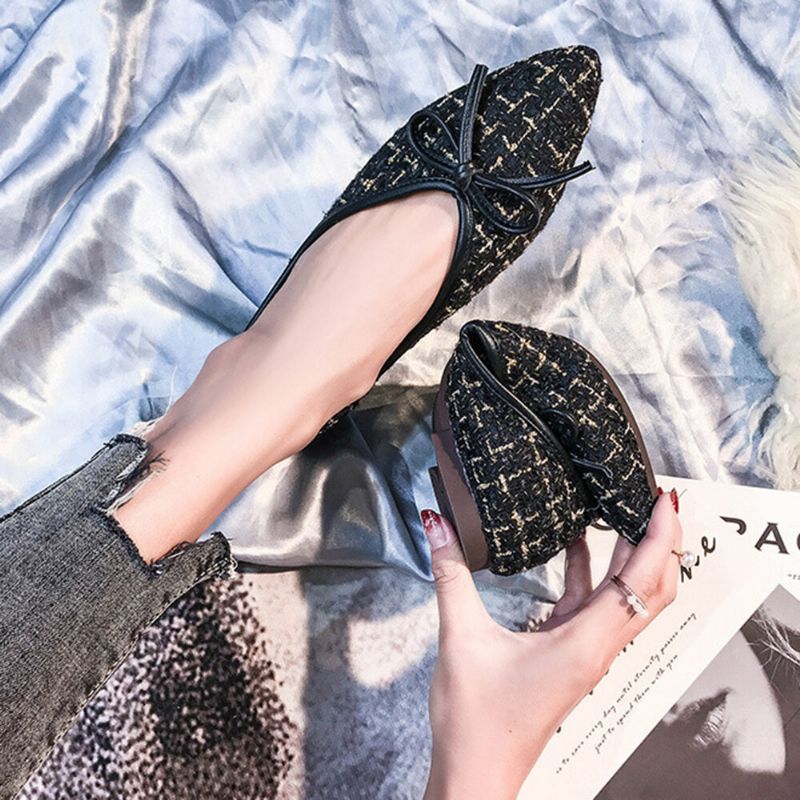 Frauen Bow Decor Bequeme Atmungsaktive Hanfstoff Casual Slip On Plaid Flats