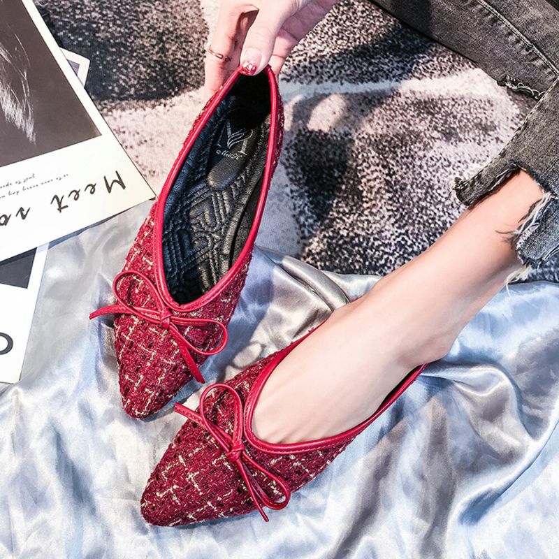 Frauen Bow Decor Bequeme Atmungsaktive Hanfstoff Casual Slip On Plaid Flats