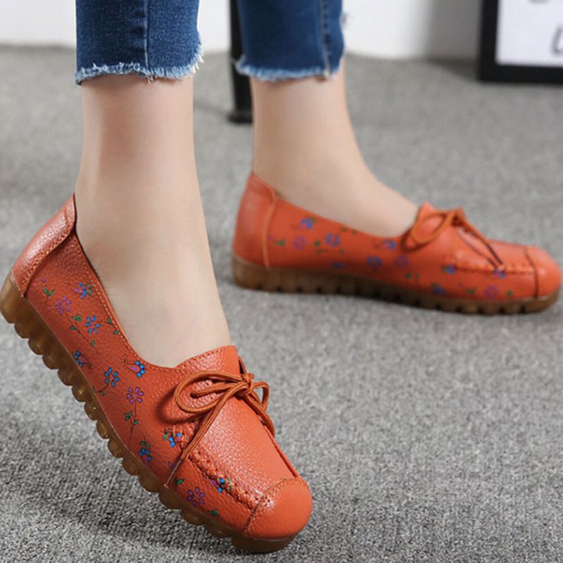 Frauen Bowknot Blumen Drucken Bequeme Rutschfeste Weiche Sohle Lässige Lederslipper