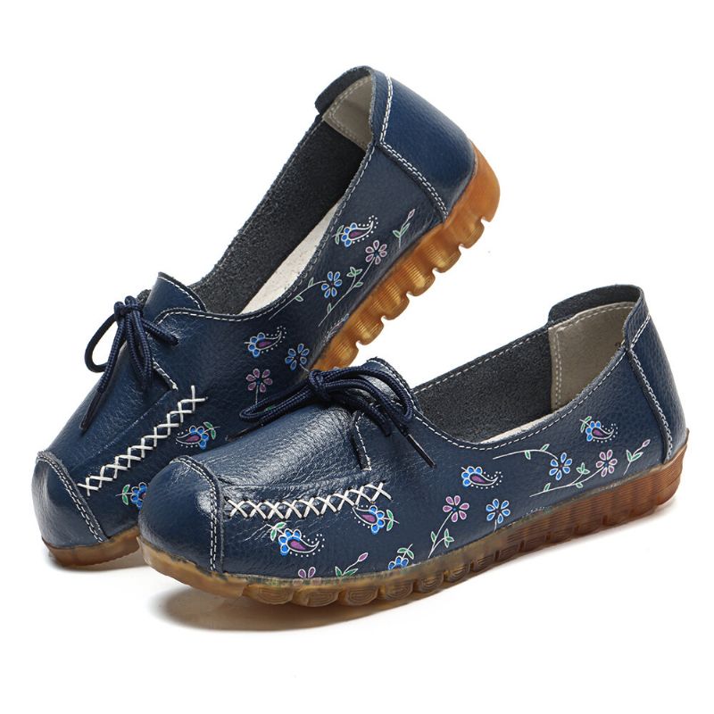 Frauen Bowknot Blumen Drucken Bequeme Rutschfeste Weiche Sohle Lässige Lederslipper