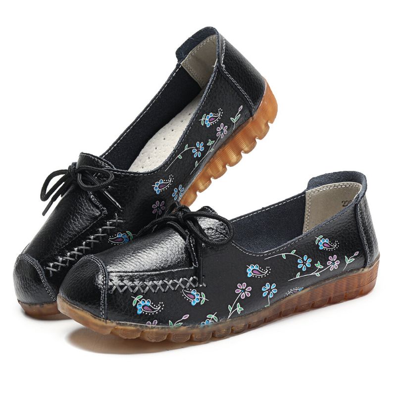 Frauen Bowknot Blumen Drucken Bequeme Rutschfeste Weiche Sohle Lässige Lederslipper