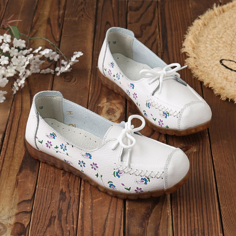 Frauen Bowknot Blumen Drucken Bequeme Rutschfeste Weiche Sohle Lässige Lederslipper