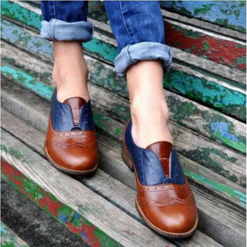 Frauen Farbe Splicing Square Heel Round Toe Brogue Oxfords Casual Flats Loafers