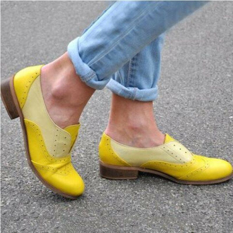 Frauen Farbe Splicing Square Heel Round Toe Brogue Oxfords Casual Flats Loafers