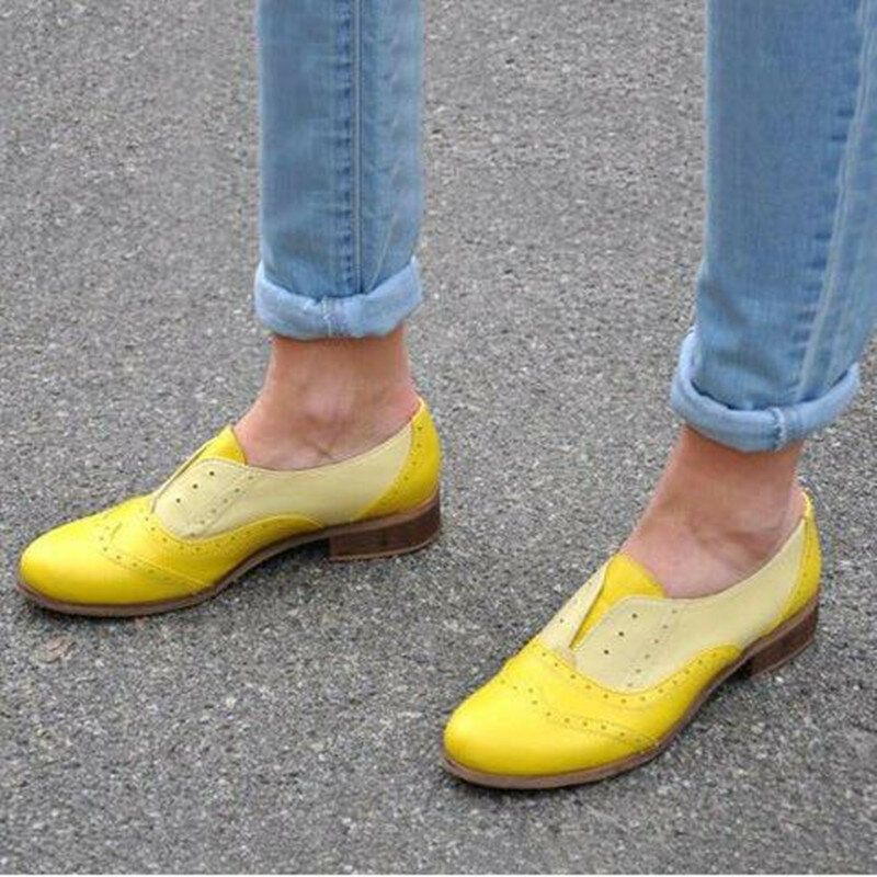 Frauen Farbe Splicing Square Heel Round Toe Brogue Oxfords Casual Flats Loafers