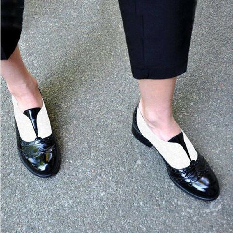 Frauen Farbe Splicing Square Heel Round Toe Brogue Oxfords Casual Flats Loafers