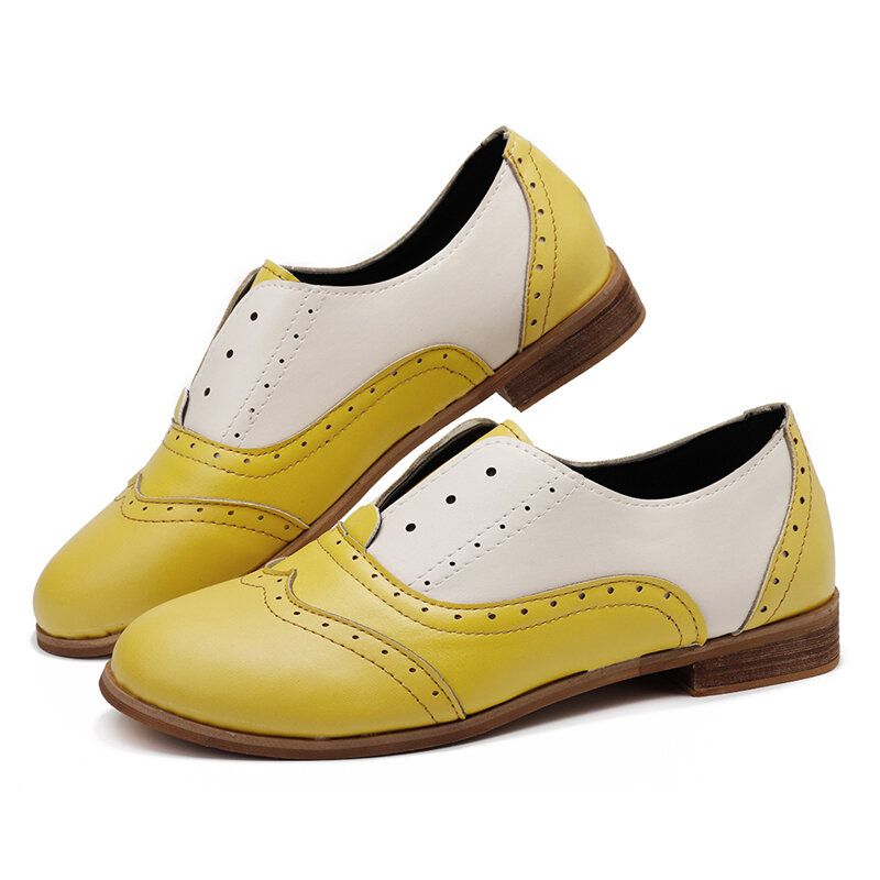 Frauen Farbe Splicing Square Heel Round Toe Brogue Oxfords Casual Flats Loafers